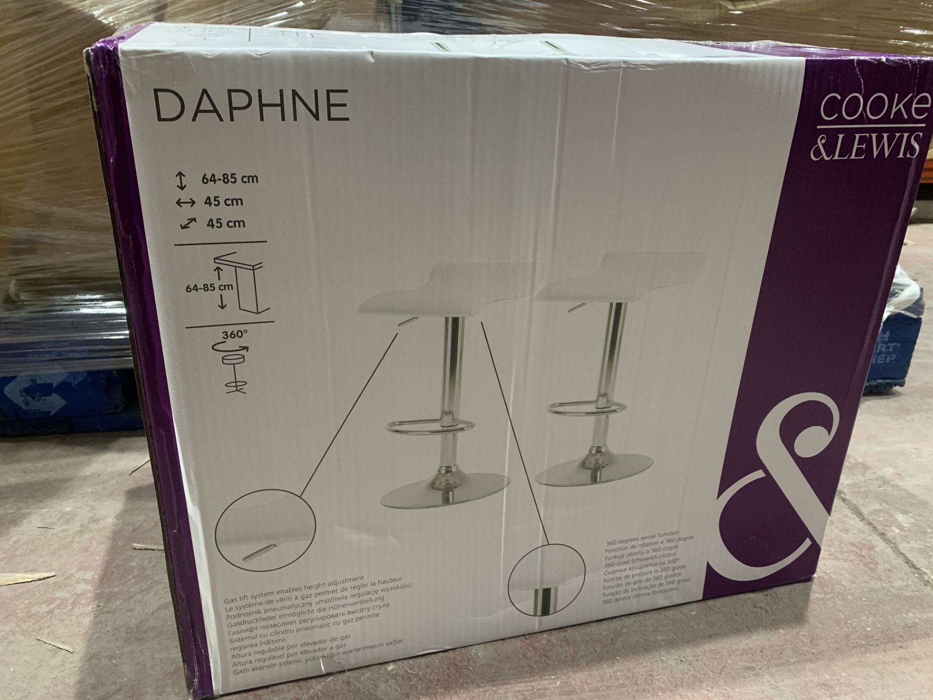 2 X BRAND NEW DAPHNE 64-85CM WHITE 360 DEGREE GAS LIFT BAR STOOLS R9