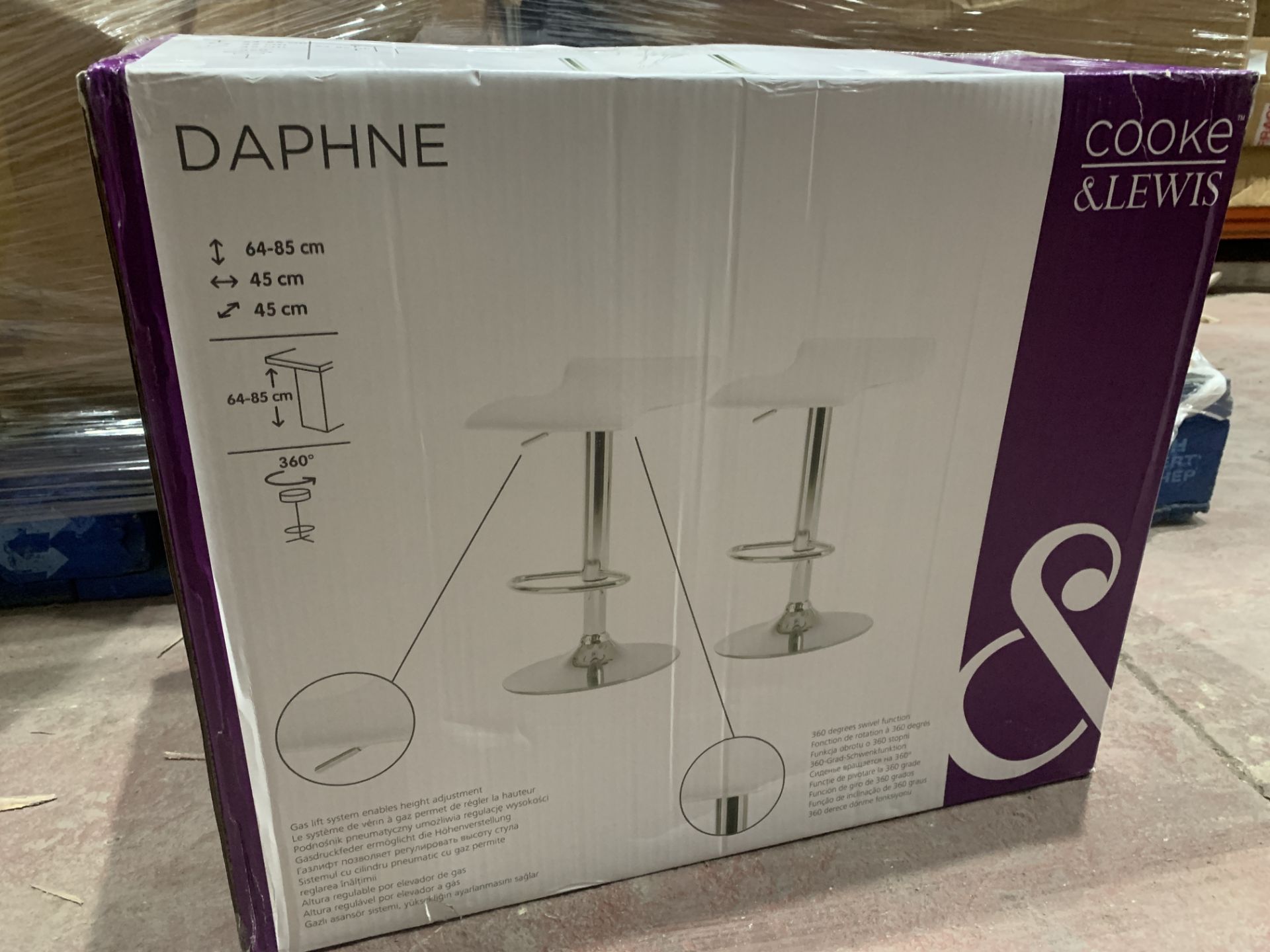 2 X BRAND NEW DAPHNE 64-85CM WHITE 360 DEGREE GAS LIFT BAR STOOLS R9