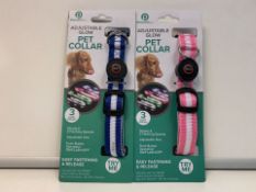 12 X NEW PACKAGED POWERFULL ADJUSTABLE GLOW PET COLLARS. 3 LIGHT MODES. COLOURS MAY VARY. RRP £12.99