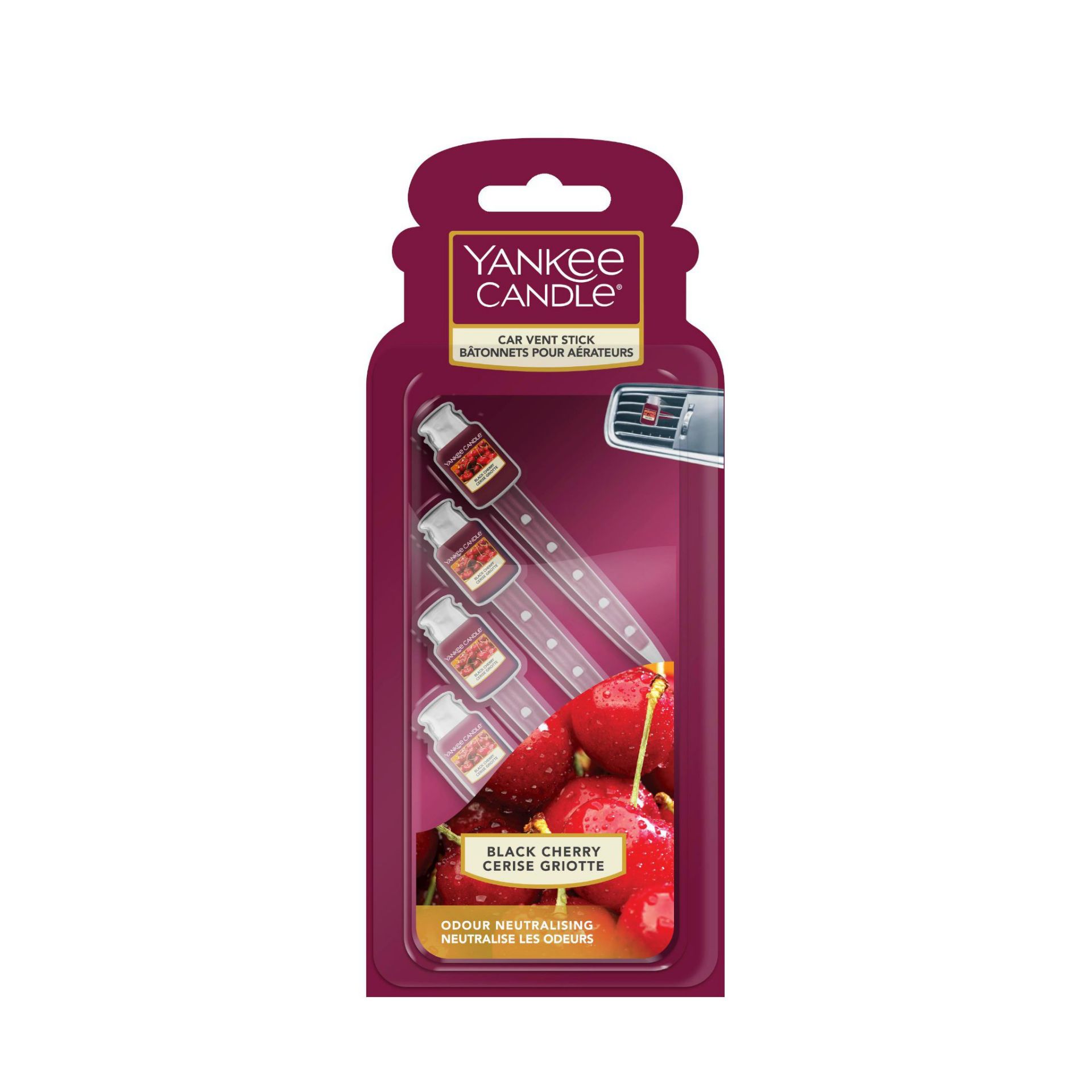 24 X NEW PACKS OF 4 YANKEE CANDLE BLACK CHERRY VENT STICKS. (ROW18)