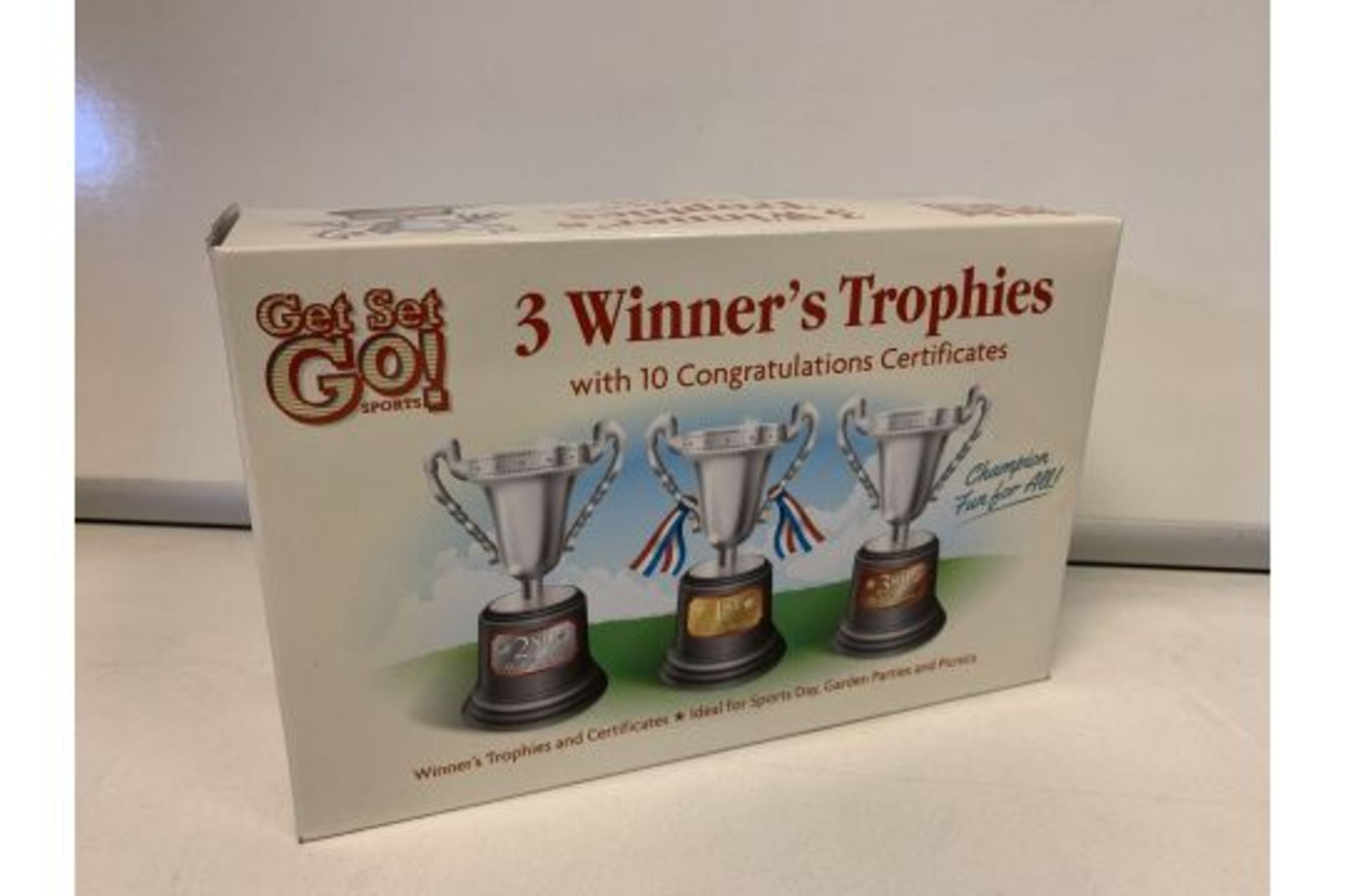 60 X NEW BOXED GET SET GO - SETS OF 3 WINNERS TROPHIES - 180 TROPHIES IN TOTAL .RRP £10 PER SET (