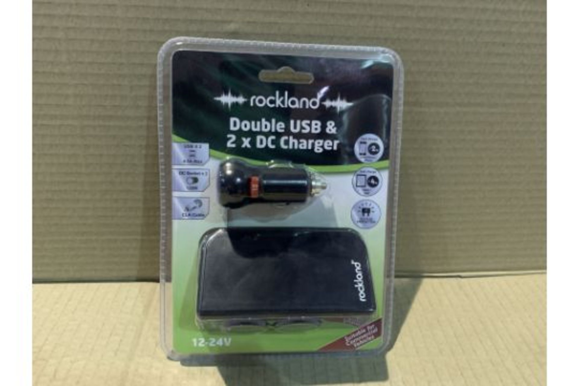 36 X NEW PACKAGED ROCKLAND DOUBLE USB & 2 x DC CHARGER. 12-24V. ALSO SUITABLE FOR COMMERCIAL