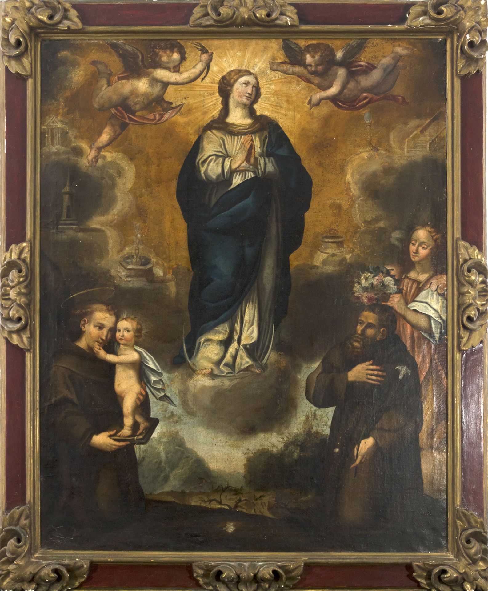 Escuela española del siglo XVII. Aparición de la Virgen a San Francisco y San Antonio.