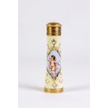 Perfumero en oro y porcelana con decoración de ángel y esmalte.