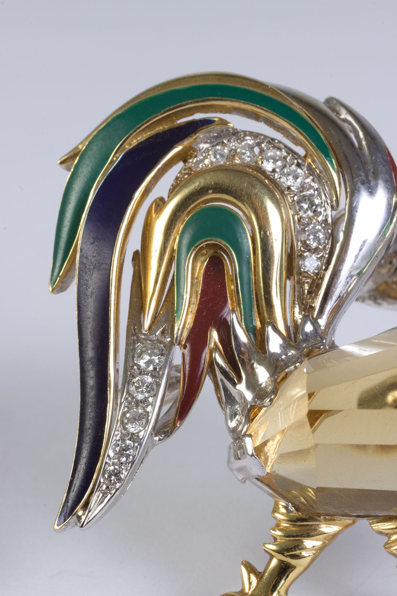 Broche en forma de gallo en oro bicolor, citrino, cristal de tonalidad verde, diamante talla brillan - Bild 2 aus 5