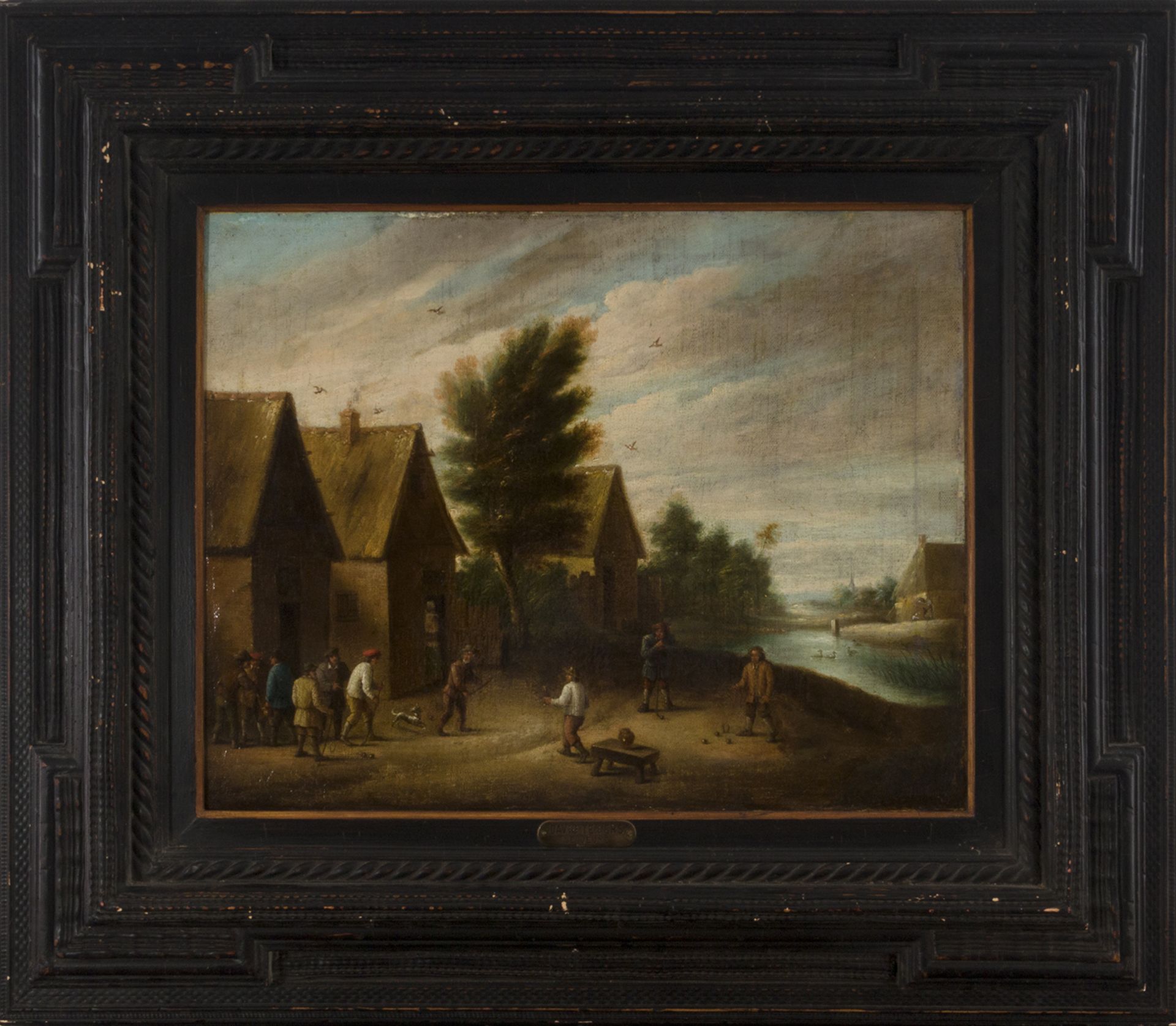 Escuela holandesa del siglo XVII. Seguidor de David Teniers. Paisaje con campesinos jugando a bolos.