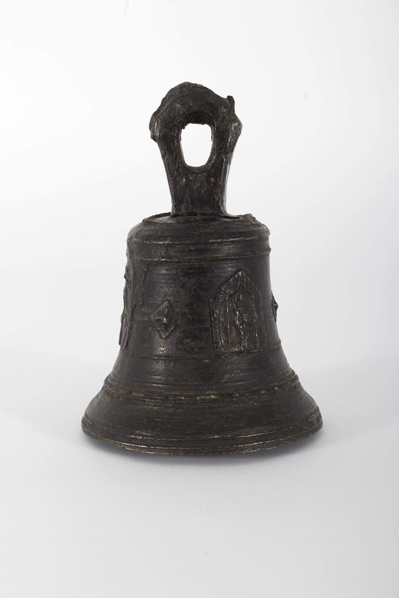 Bronze bell representing the Virgin of Mercy, Saint George and Saint Peter Nolasco, founder of the O