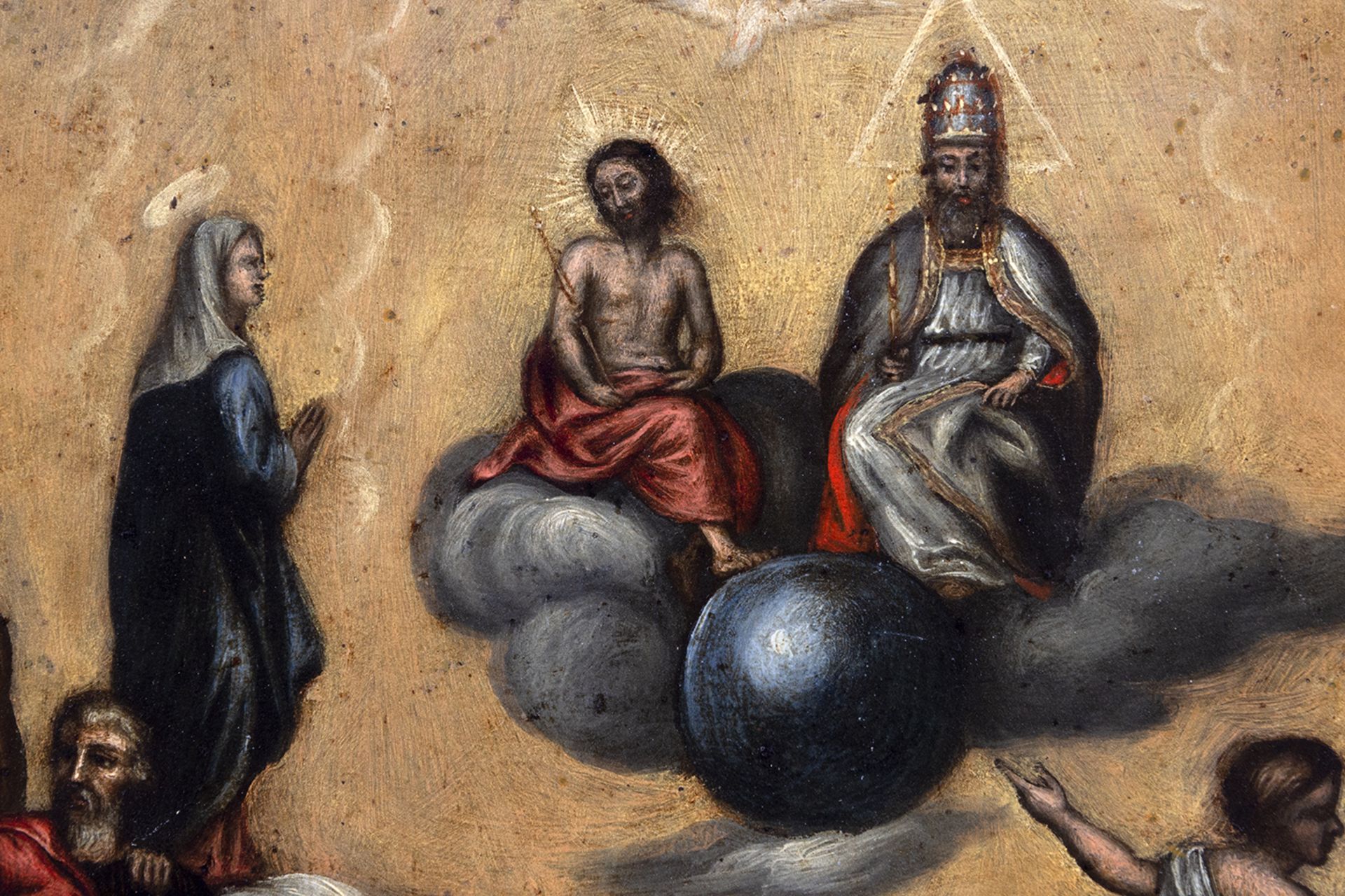 Oil painting couple: Colonial school, Mexico, 17th century. Appearance of the Holy Trinity and Sain - Bild 13 aus 15