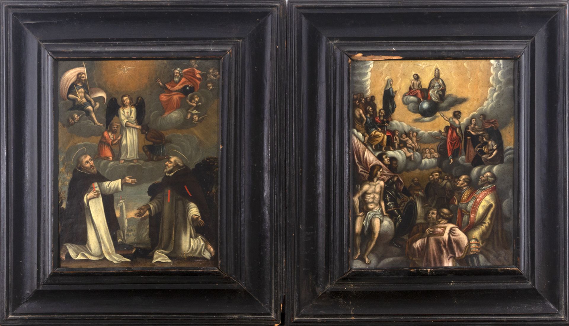 Oil painting couple: Colonial school, Mexico, 17th century. Appearance of the Holy Trinity and Sain