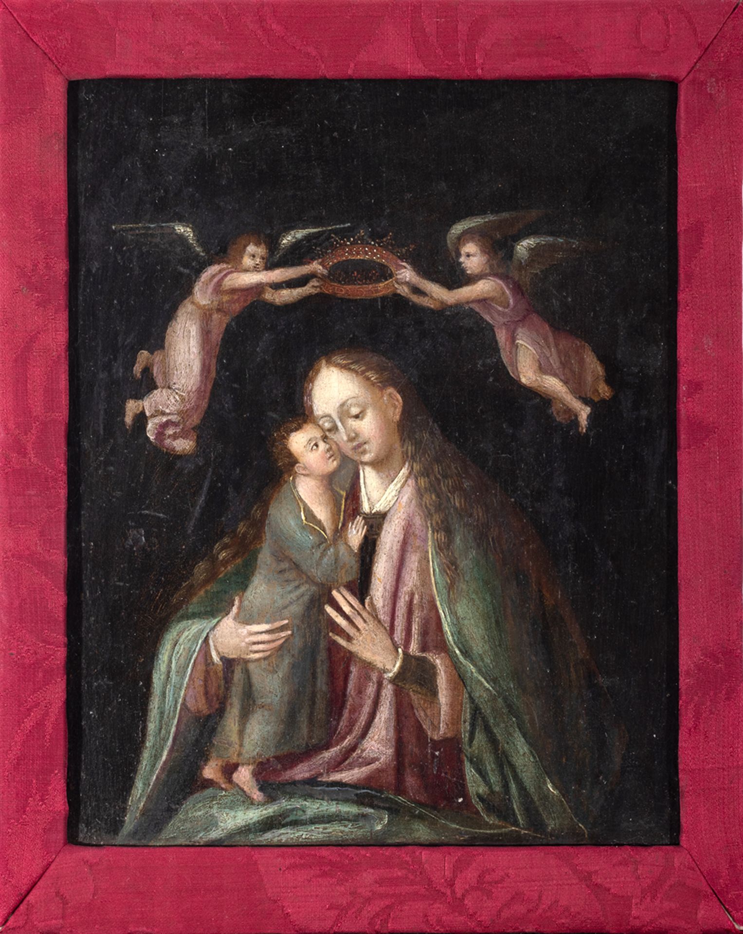 Flemish school, 16th century. Virgin with Child crowned by angels.