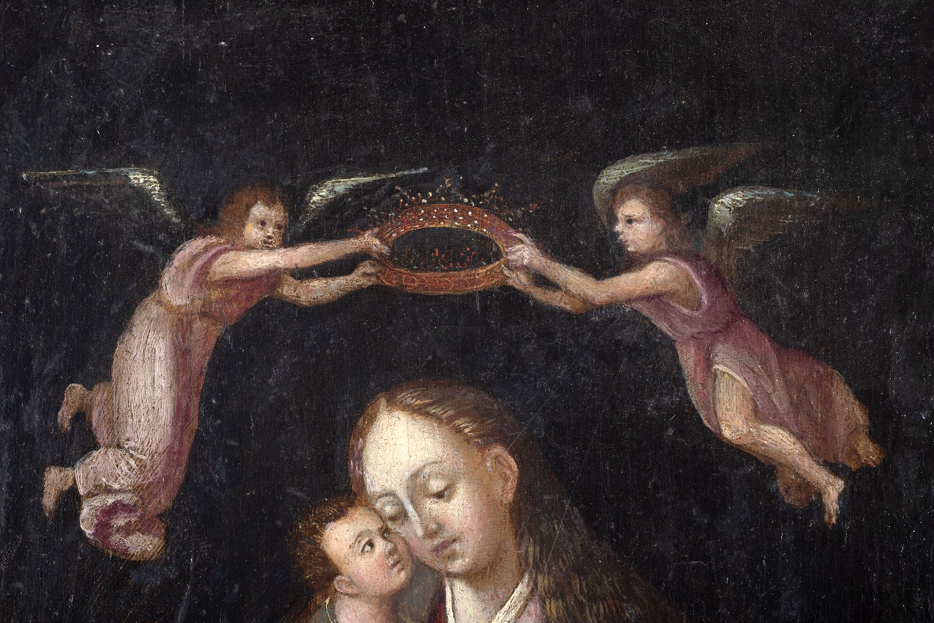 Flemish school, 16th century. Virgin with Child crowned by angels. - Image 2 of 5