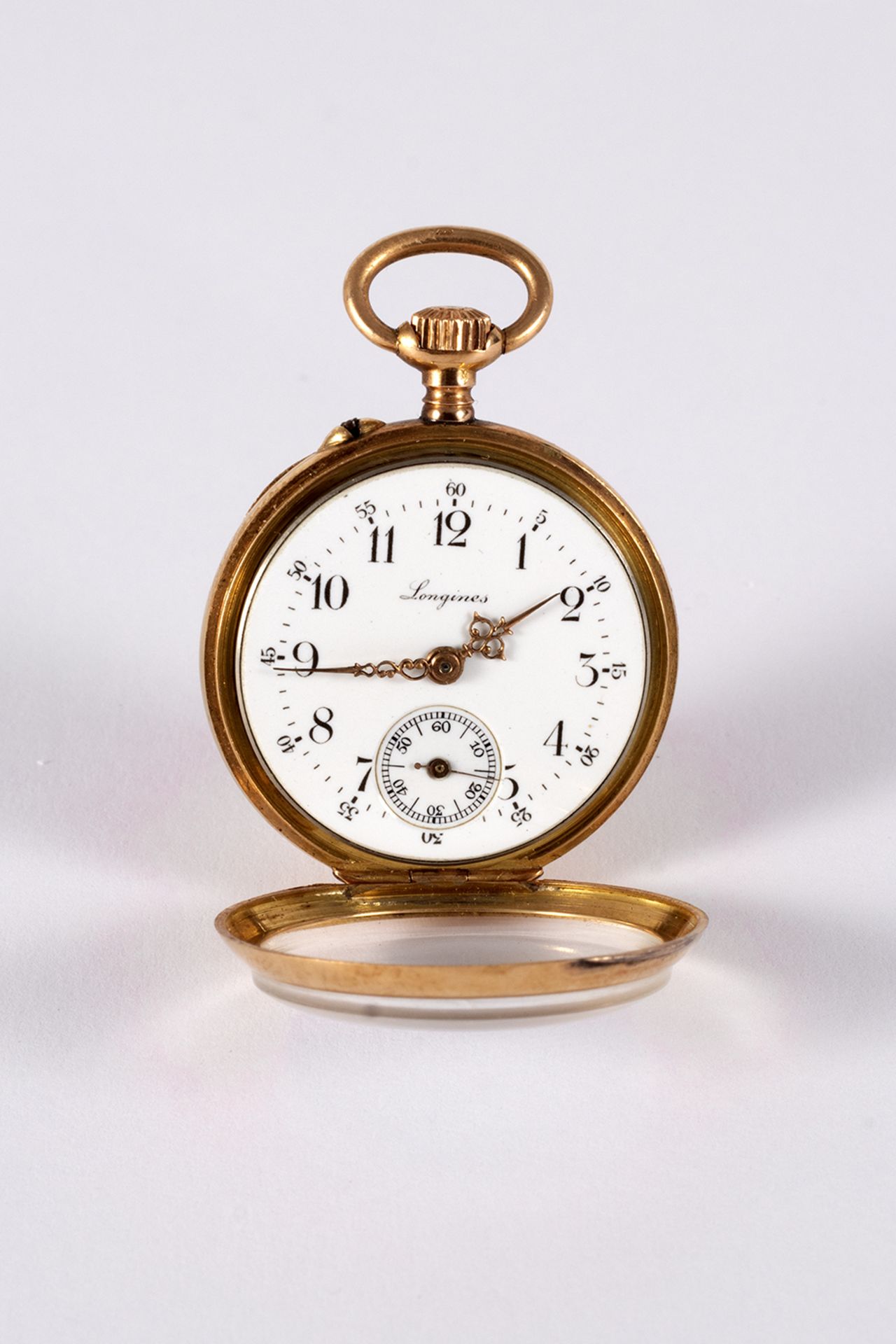 Longines hanging clock in gold, enamelled crown decoration on the reverse - remontaire mechanism. - Image 2 of 4