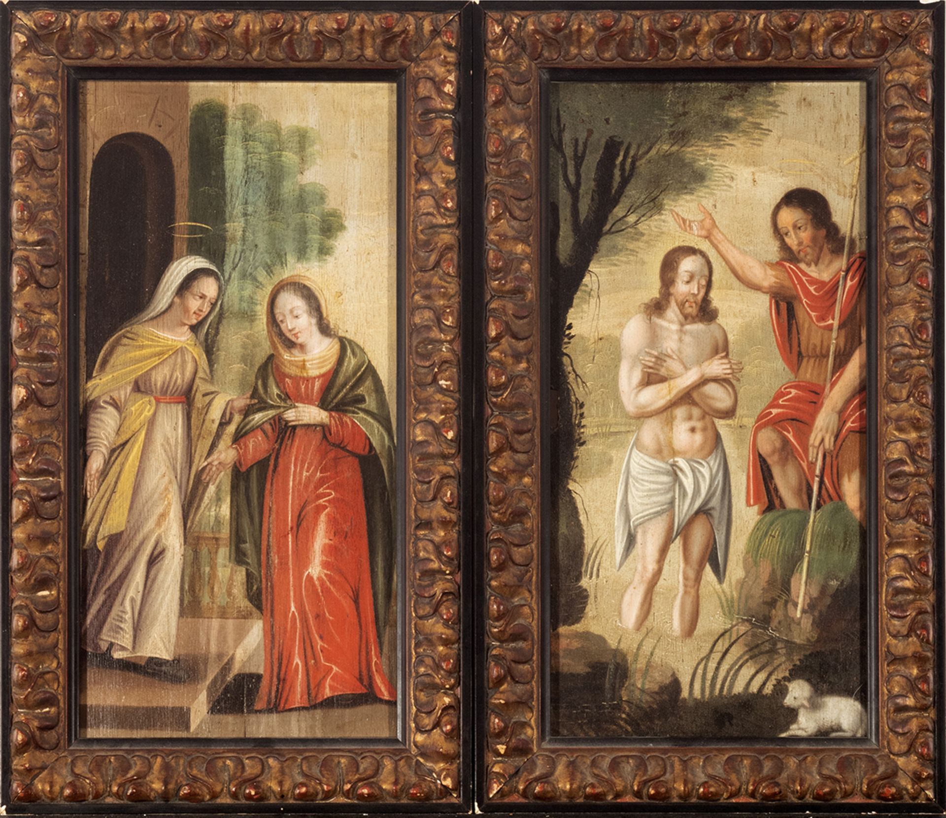 Flemish school, 17th century. The Baptism of Christ and The Visitation.