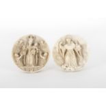 Colonial school, Mexico, 18th century. Pair of high reliefs in ivory carved in half spheres.