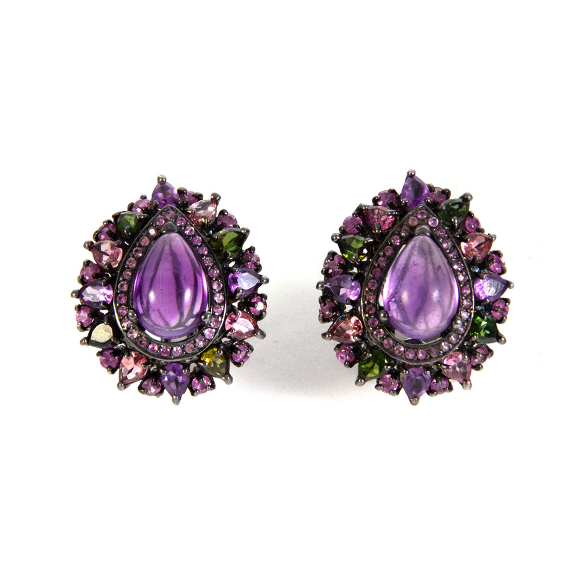 blued silver earring, cabochon cut amethyst, pink sapphires and green garnets in different sizes.