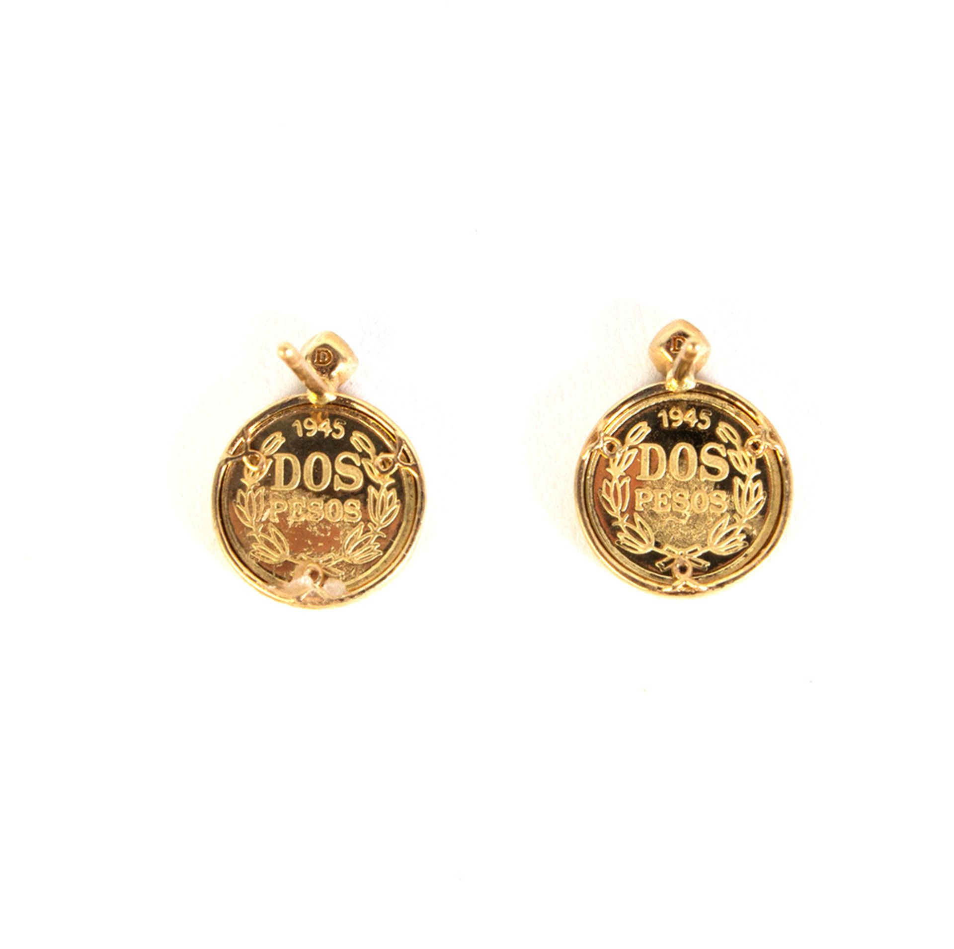 Gold earrings with reproduction of two-peso coins and diamonds, brilliant cut. - Image 2 of 2