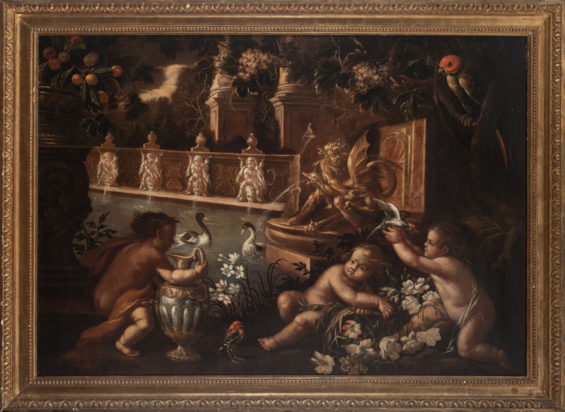 Italian school, 17th century. Garden with fountain and cupids. 