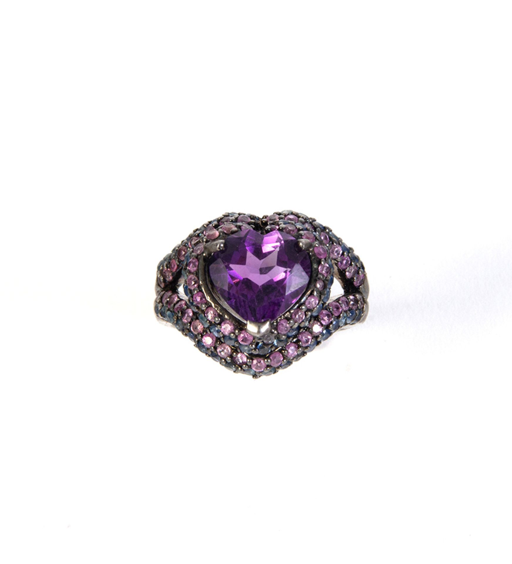 Blued silver ring, amethyst, heart cut and sapphires, pink and blue round cut.