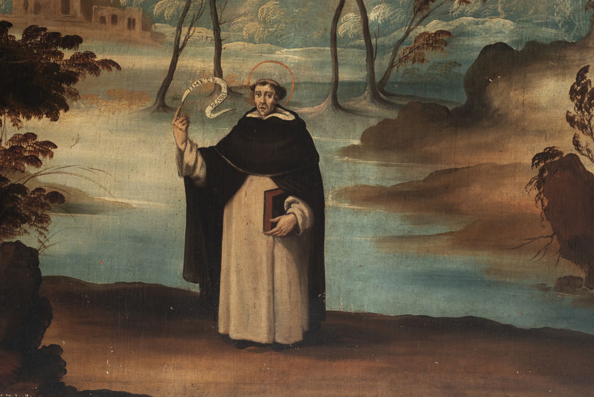 Castillian school, 17th century. Circle of Benito Manuel Agüero.Landscape with Saint Vicent Ferrer.  - Bild 2 aus 5