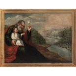 Spanish school, 17th century. Landscape with Sain Joachim and Virgin.