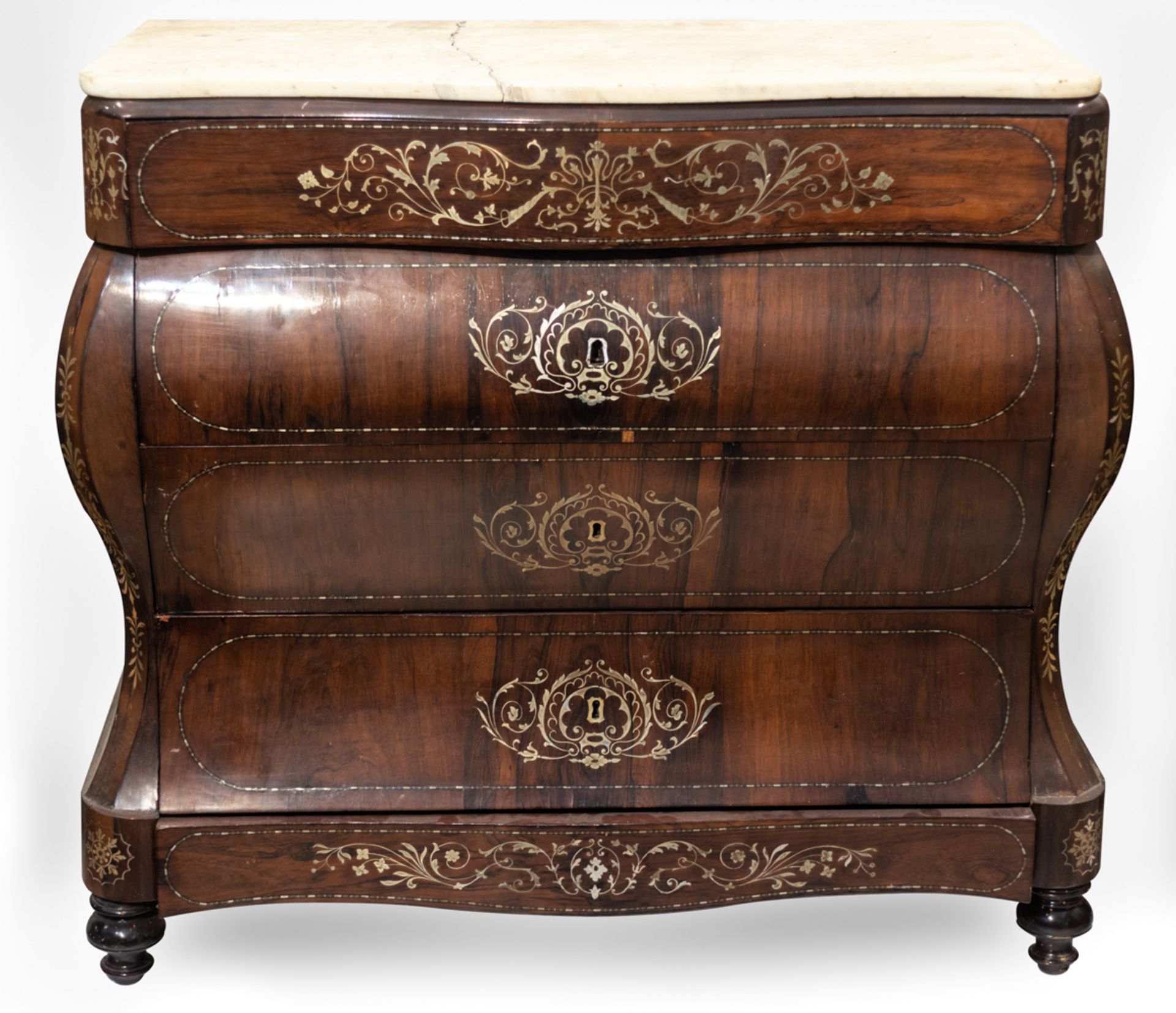 Elizabethan chest of drawers in jacaranda wood with zinc marquetry, five drawers and a marble top, m