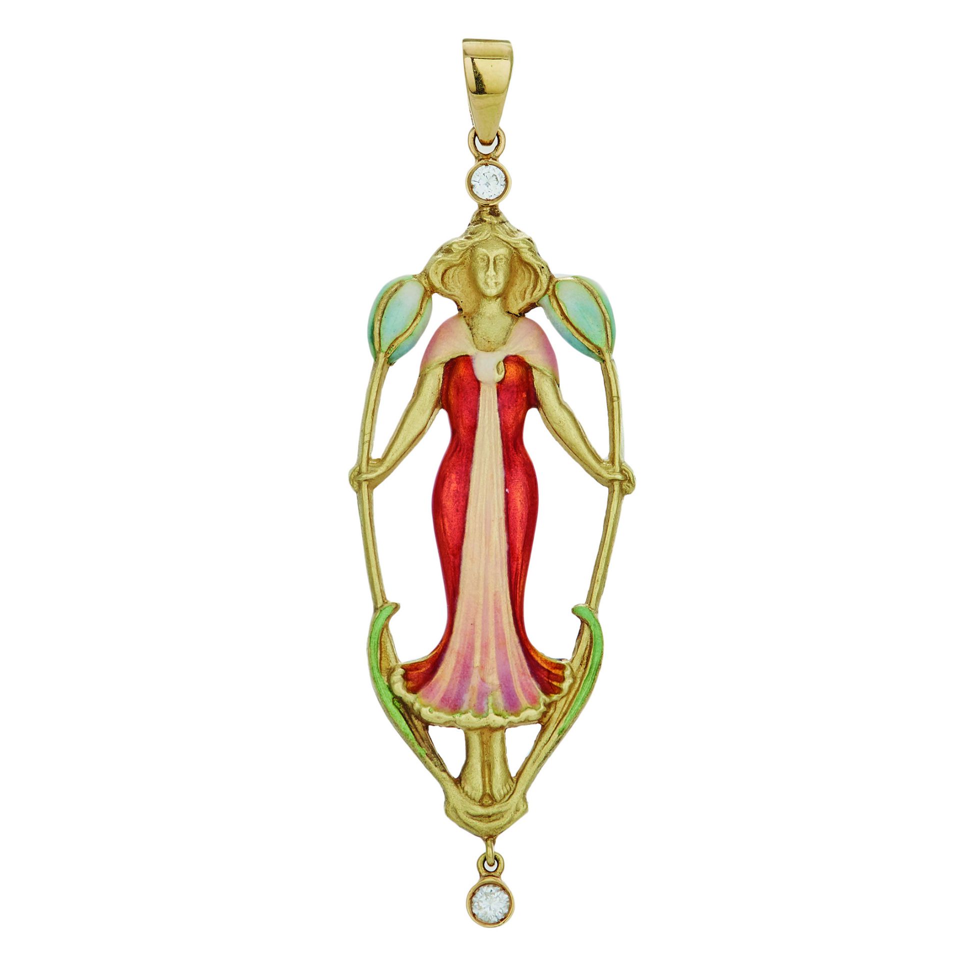 Art Nouveau style, gold, enamel and diamonds pendant.