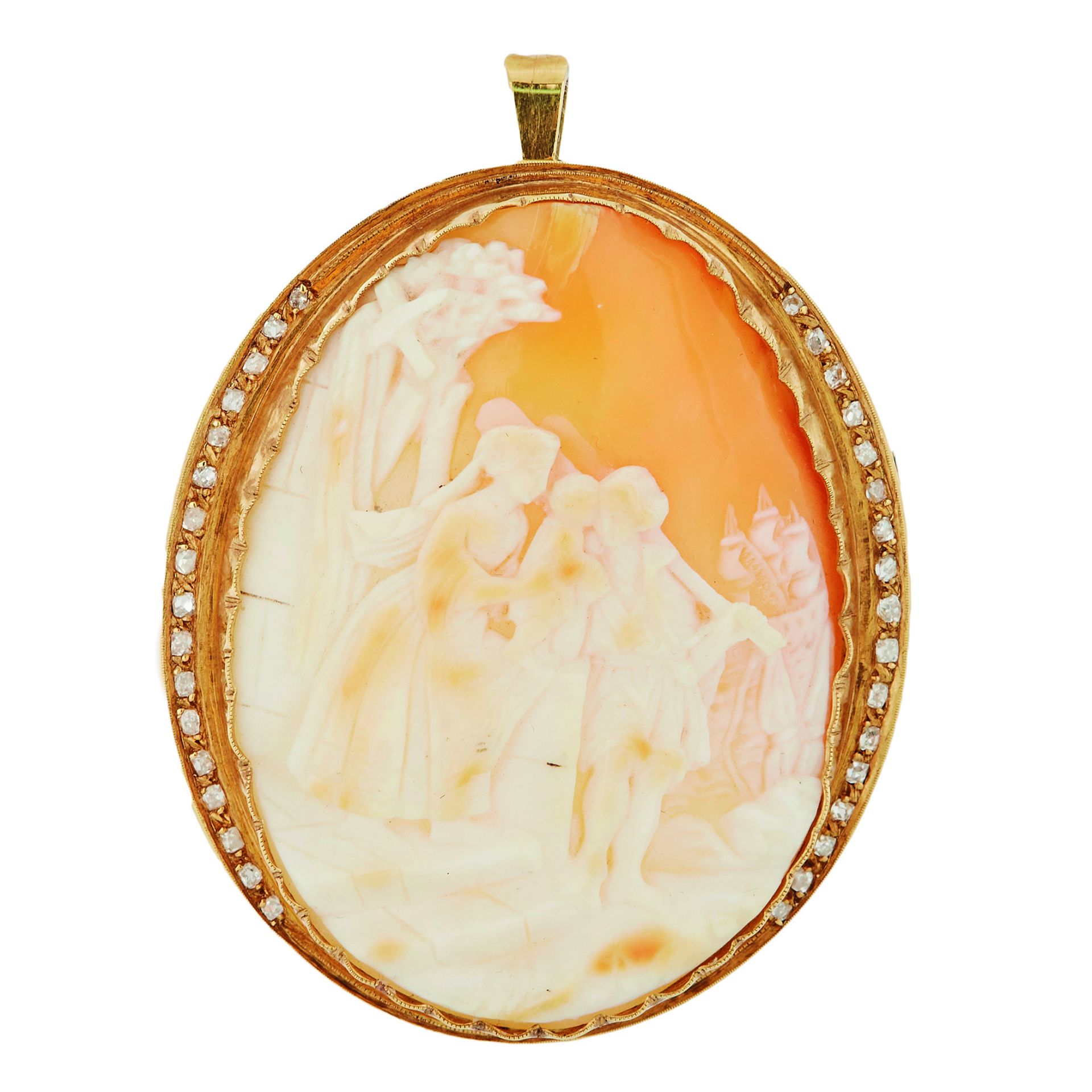 Gold, diamonds and cameo pendant brooch.