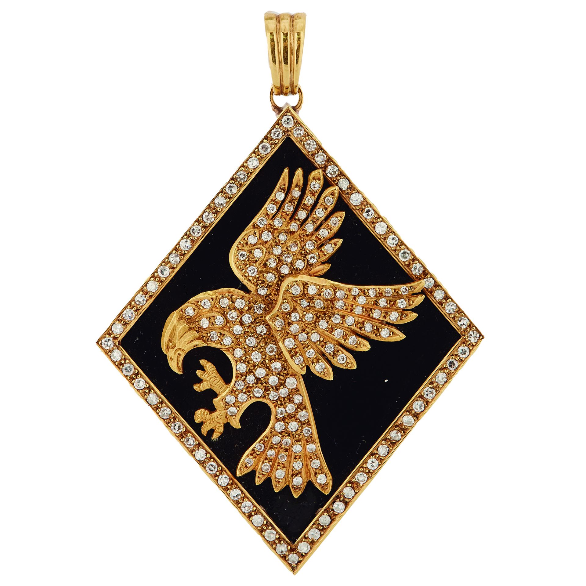 Gold, diamonds and onyx pendant.