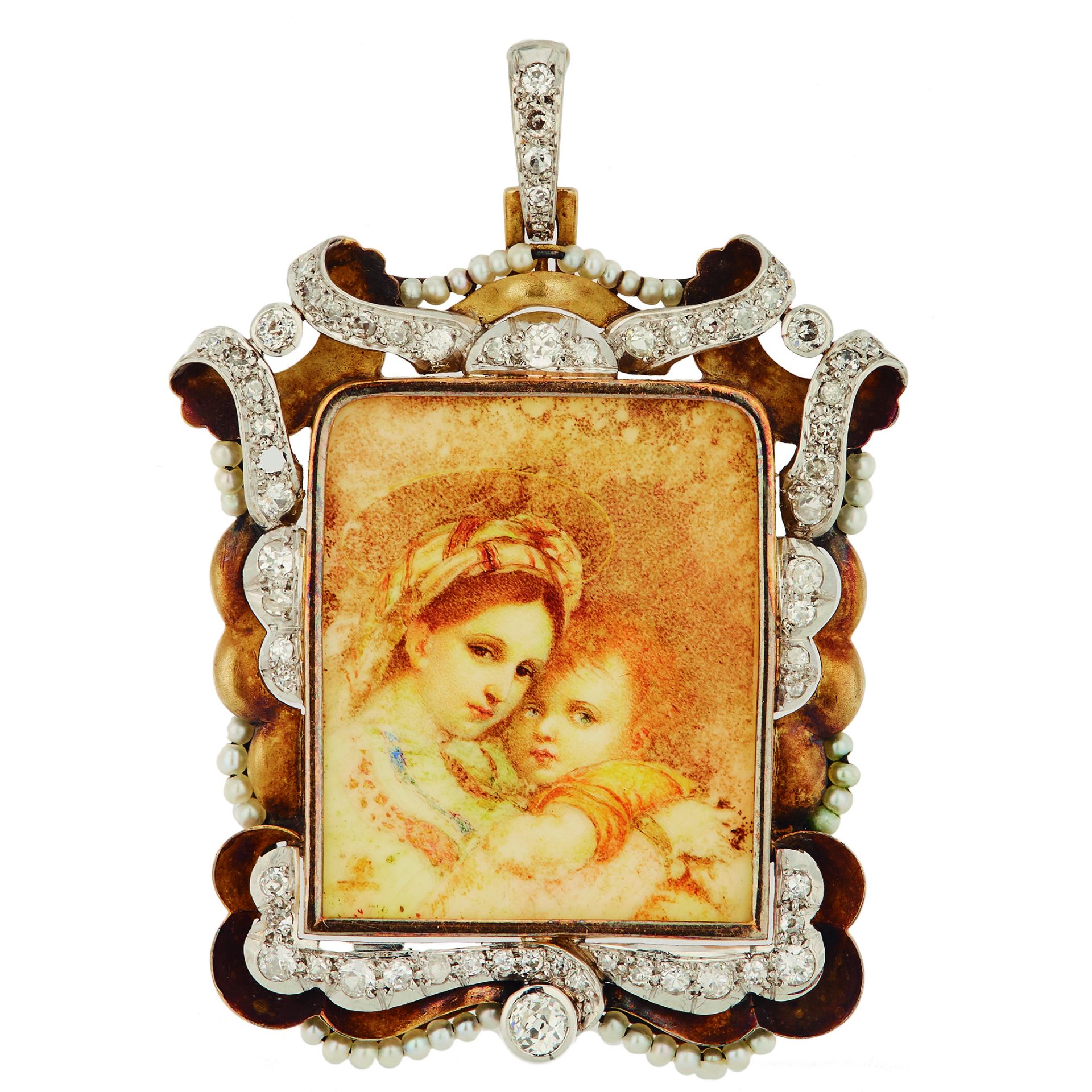 Gold, platinum, diamonds and pearls medallion, c.1950.