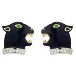 Gold, white gold, enamel and diamonds panther earrings.