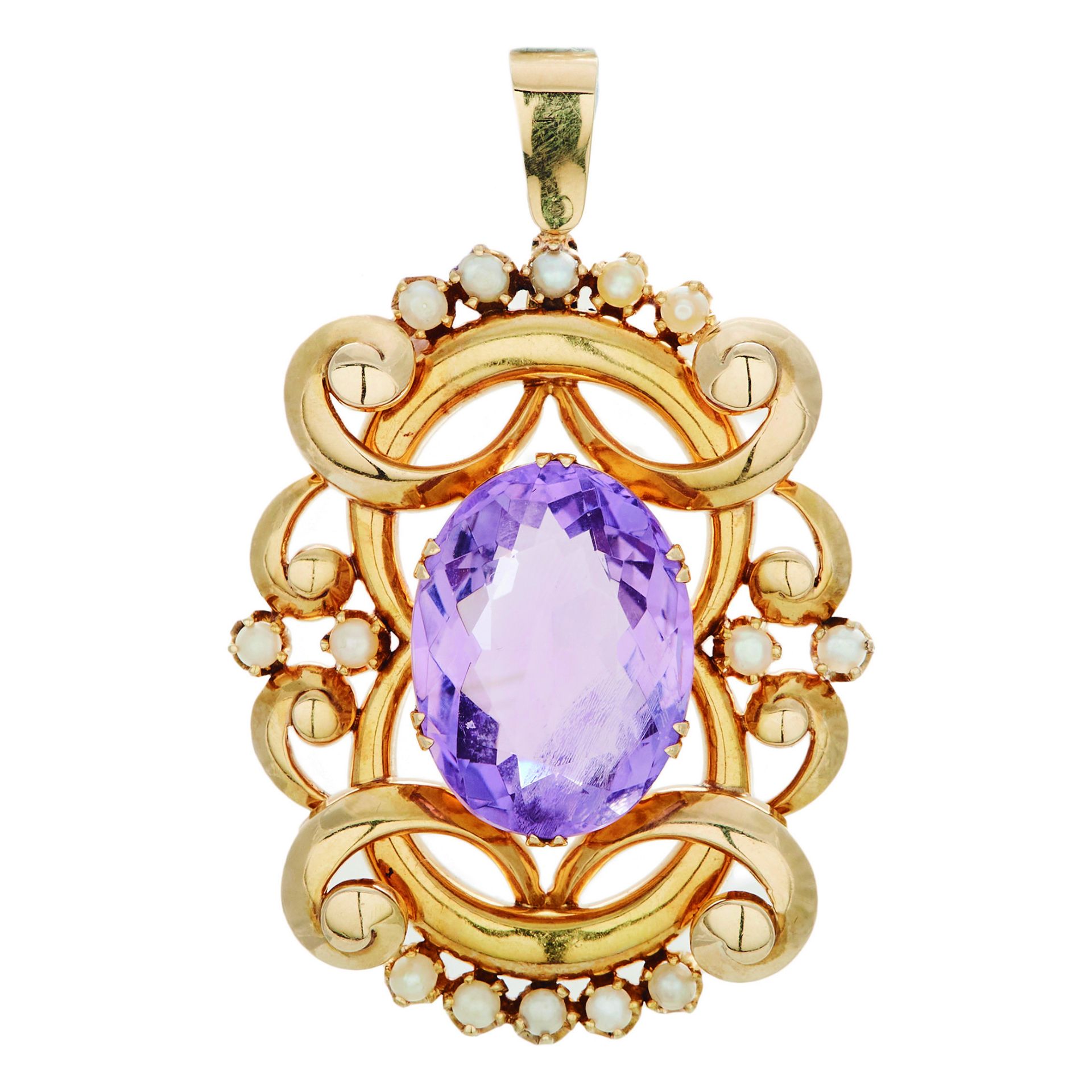 Gold, amethyst and pearls pendant.