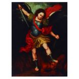 Spanish colonial school, 18th century. Saint Michael fighting the devil.