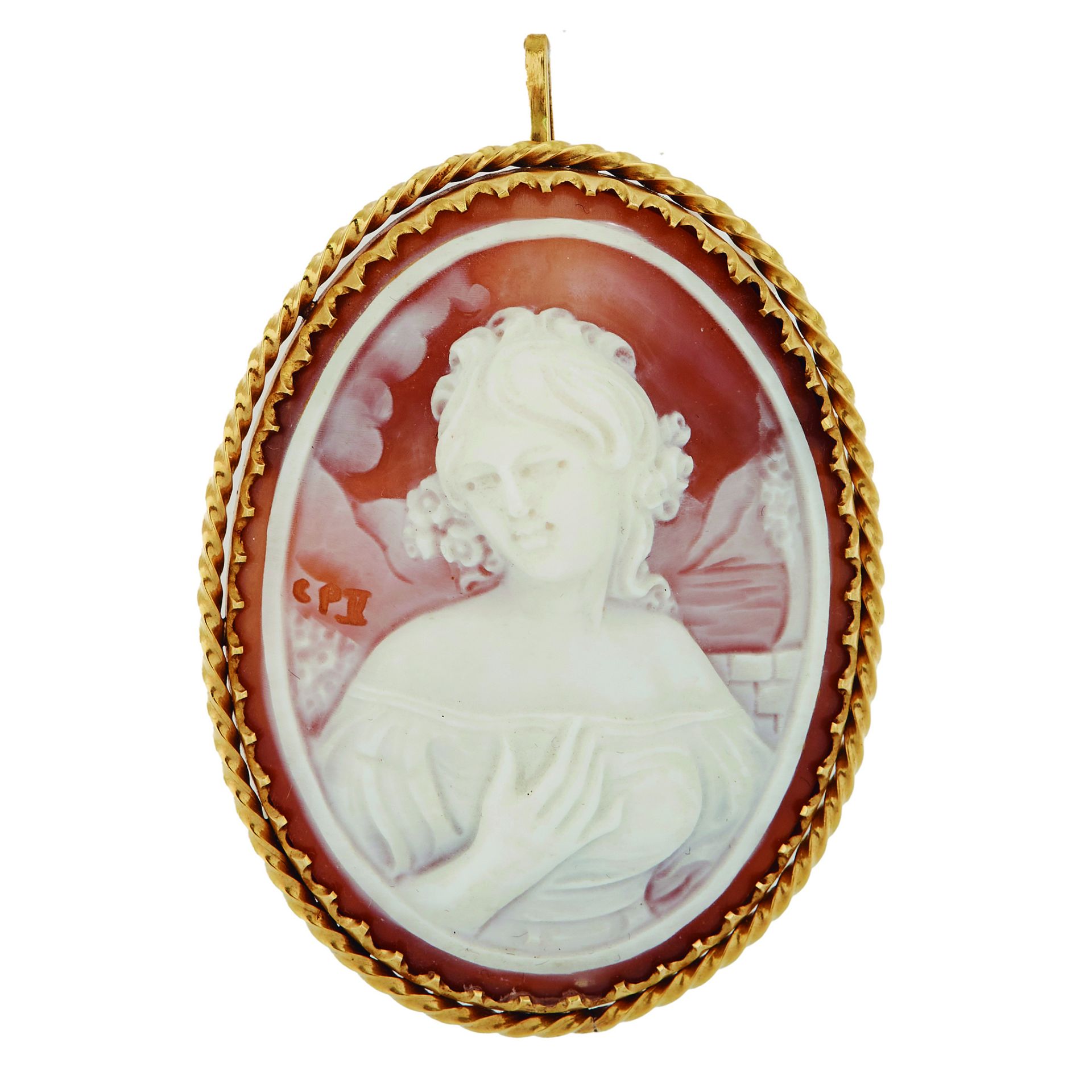 Gold, cameo and bisque pendant brooch.