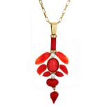 Gold and white gold, coral and diamonds pendant