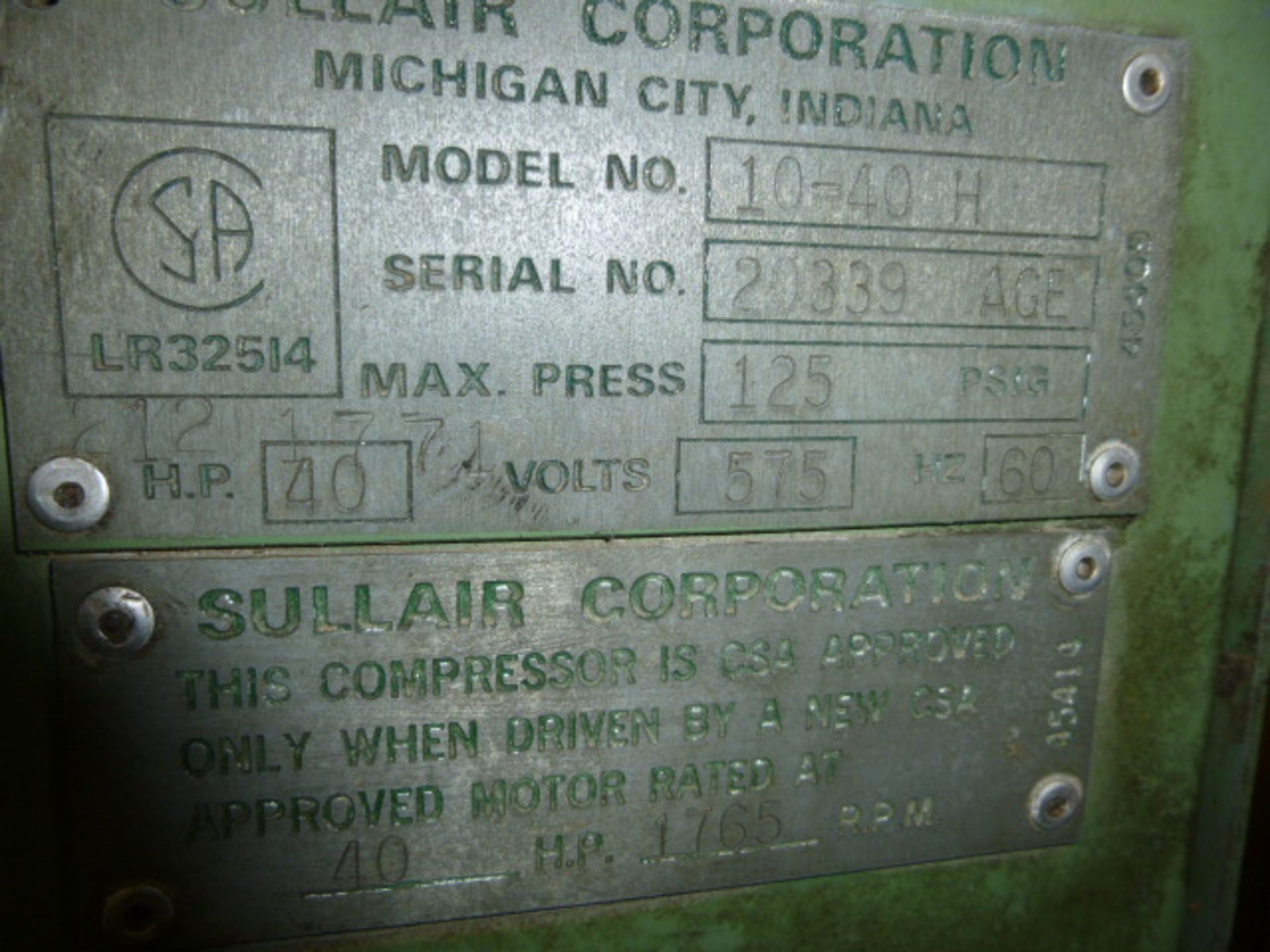 Sullair compressor Model 10-40H 40 HP Item Location: Montreal - Image 3 of 4