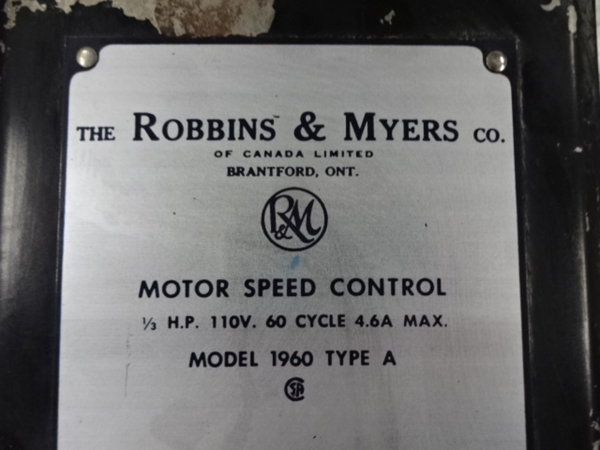 Robbins & Myers co. Motor Speed Control 1/3 HP 110V - Image 2 of 2