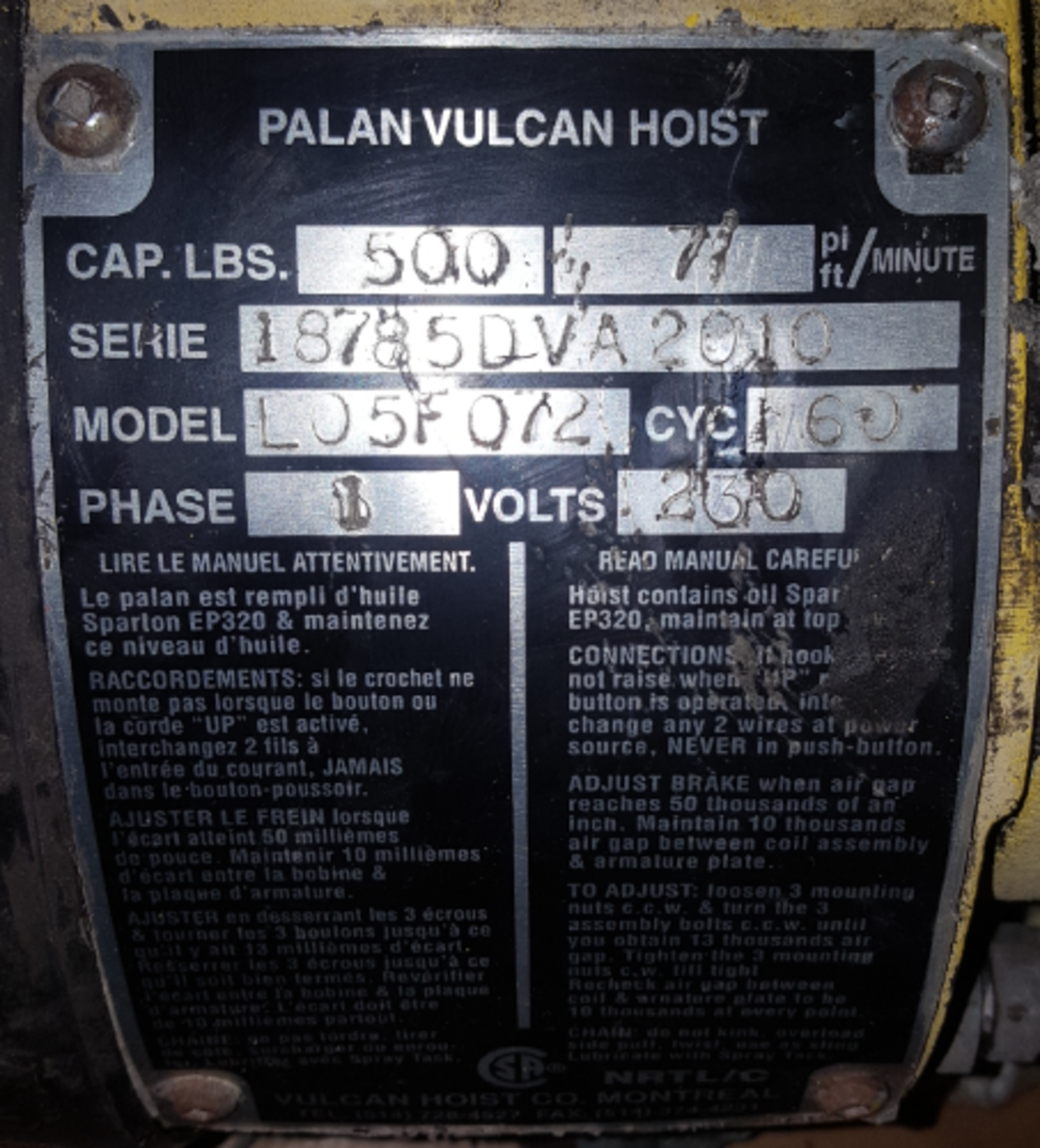 vulcan-hoist 1/4 ton Capacity 500 lbs Volts 230 Serie : 1878DVA2010 *Item location : Montreal - Image 3 of 5