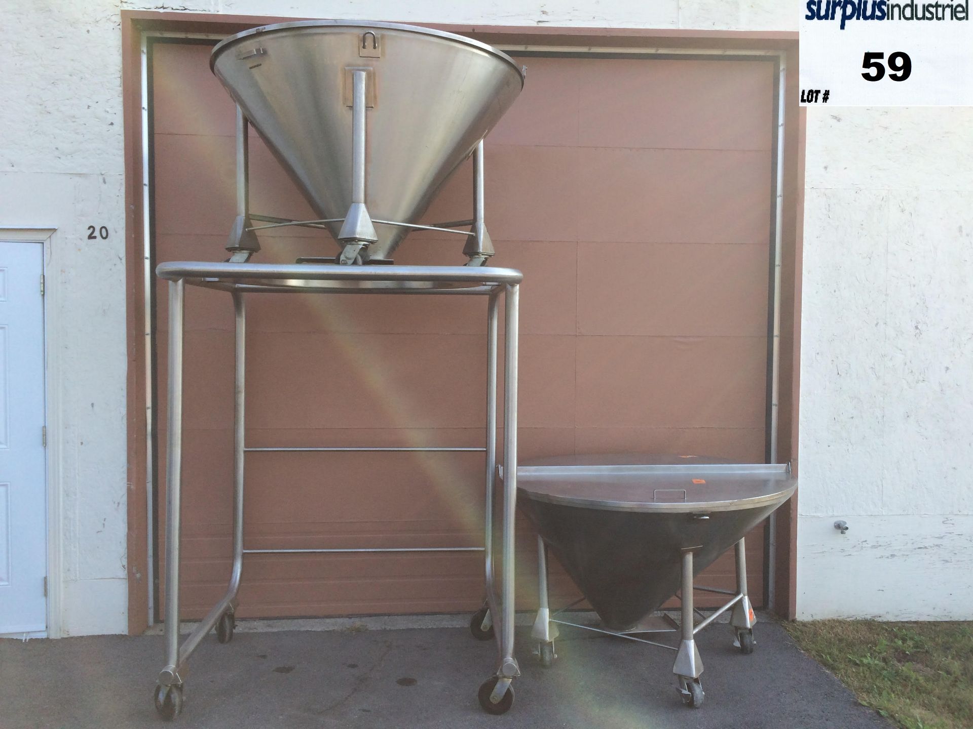 Lot of 2 large stainless steel hoppers with two-part lids and support for emptying. The hoppers