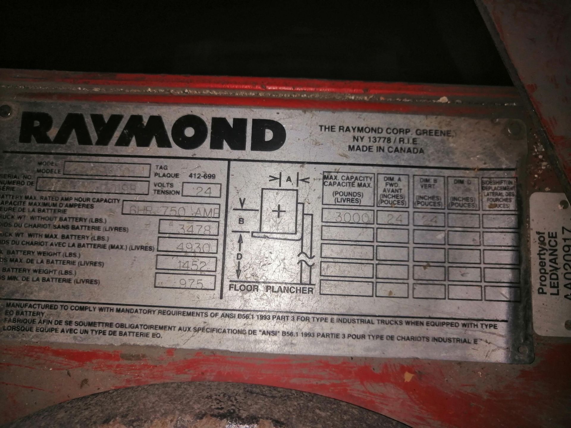 Raymond RWR300 electric forklift *for parts *no fork *no battery Location: Drummondville - Image 3 of 6