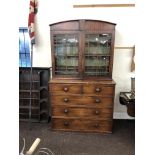 Mahogany glass cabinet on 2 over 3 chest