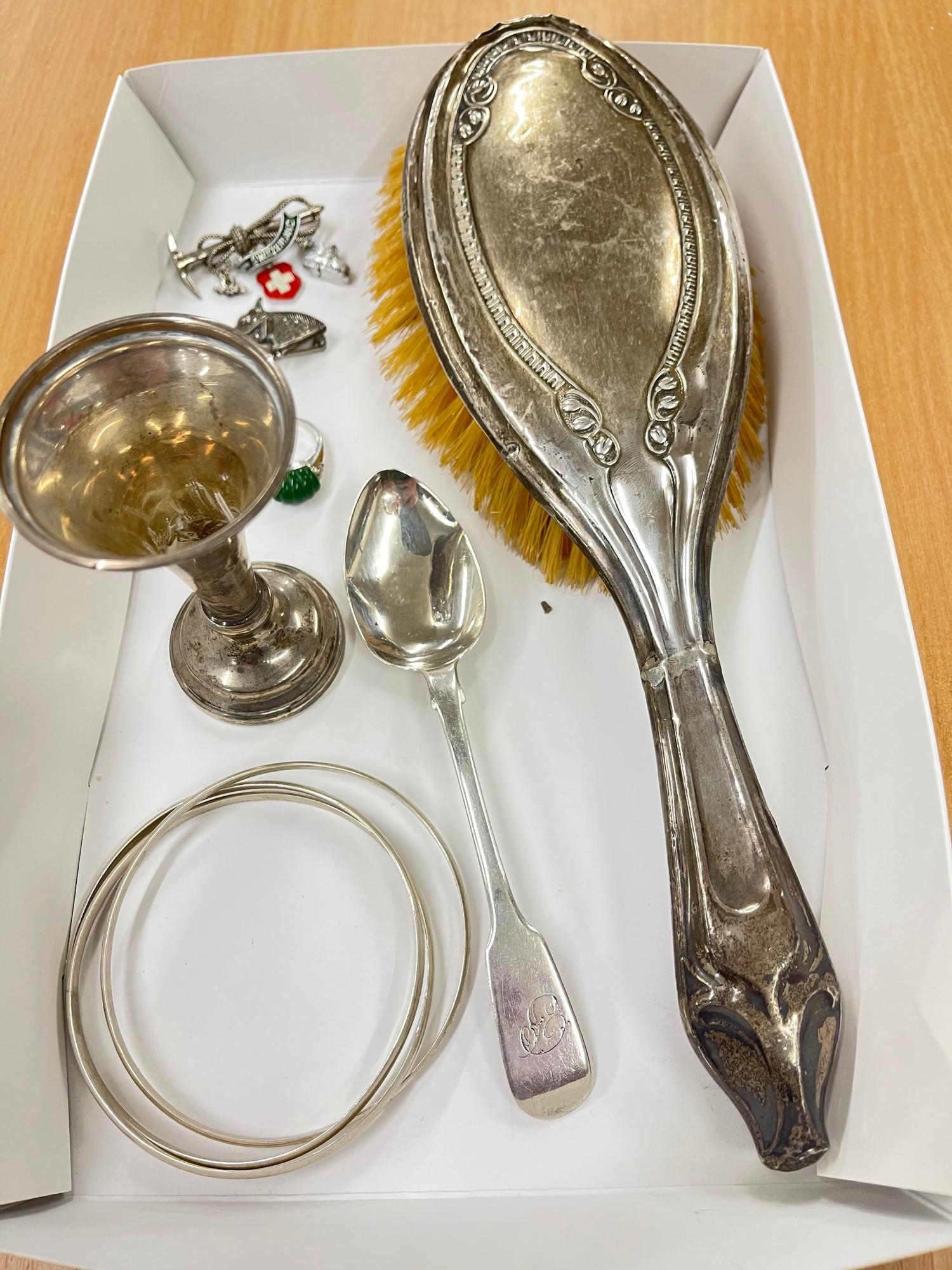 Tray of silver items, includes spoon, brush etc