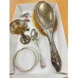 Tray of silver items, includes spoon, brush etc