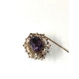 9ct gold amethyst & seed-pearl brooch 7.8g measures approx 3.5cm by 2.8cm