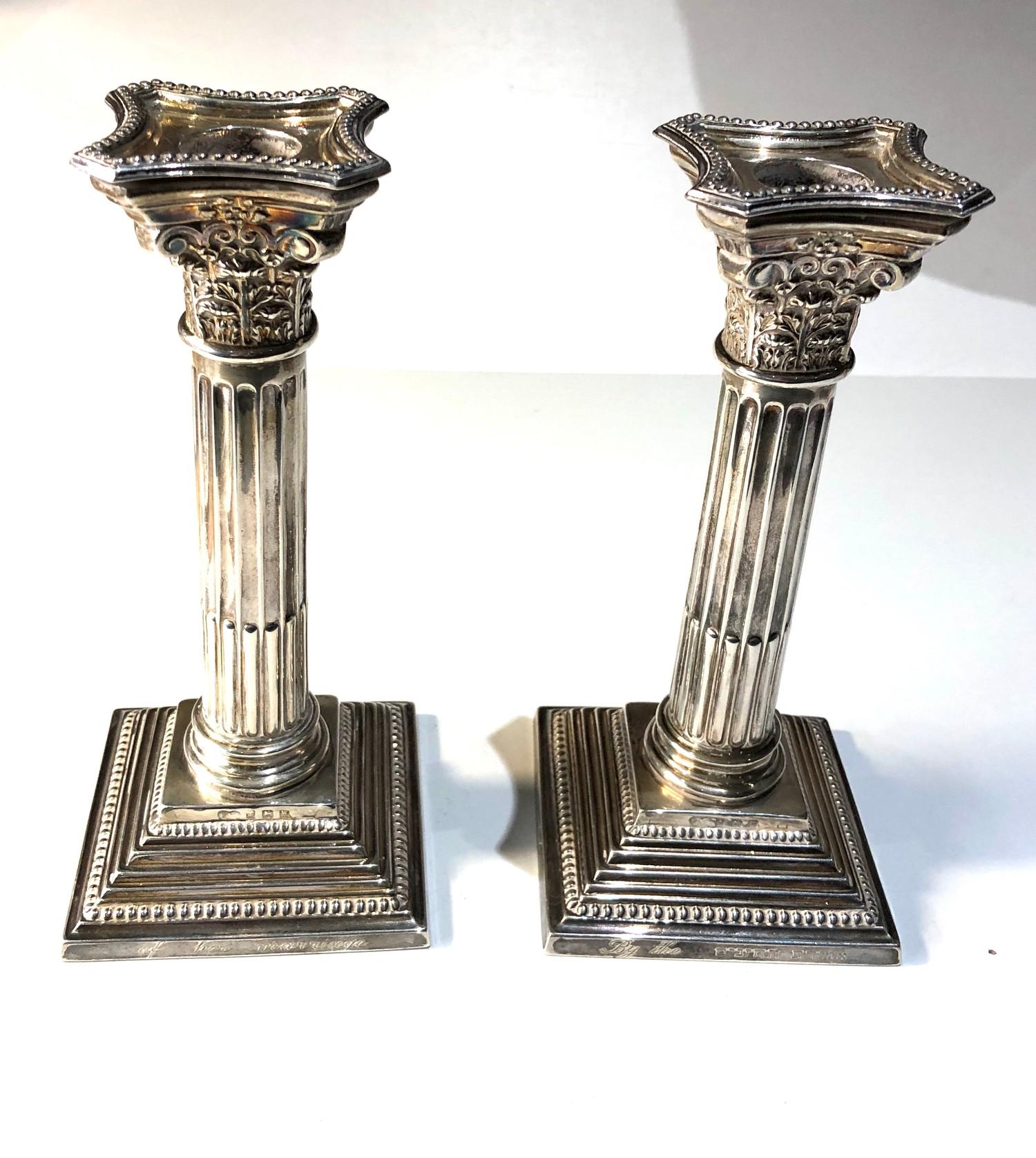 Pair of silver corinthian column candlesticks measures approx height 19cm weight 600g engraved - Image 2 of 4