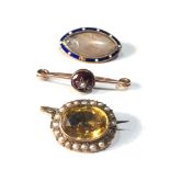 3 antique gold brooches includes gold and enamel mourning brooch missing pin and crack to glass ,
