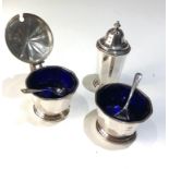 Vintage silver and blue glass liner cruet et birmingham silver hallmarks with spoons