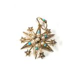 Antique 9ct gold seed-pearl and turquoise set pendant measures approx 3.1cm drop by 2.4cm