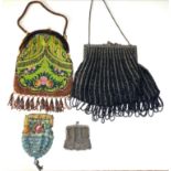 4 antique bags includes small silver coin bag and 3 bead work bags