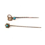 2 antique turquoise set 9ct gold pins