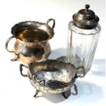 Selection of silver items includes 2 silver bowls and a silver top shifter jar silver weigt 168g